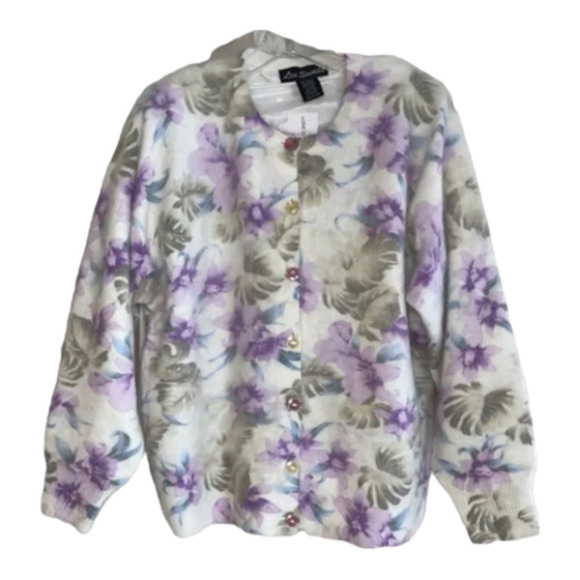 Lee Sands Women’s Orchid and Monstera Print Angora Cardigan Sweater Size 1X NWOT - Picture 1 of 14
